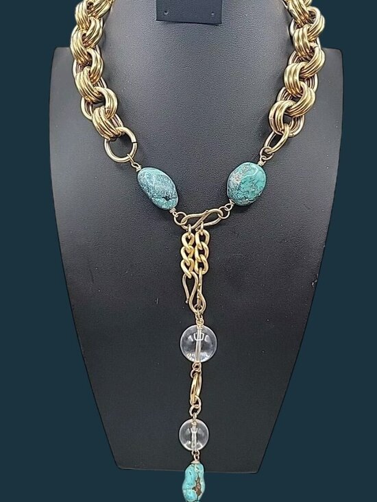 Unbranded Jewelry - Vintage Turquoise Stone & Gold Chain Necklace Large Natural Turquoise Pendant